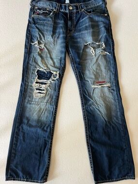 True Religion Distressed Blue Wash Straight Jeans size 40